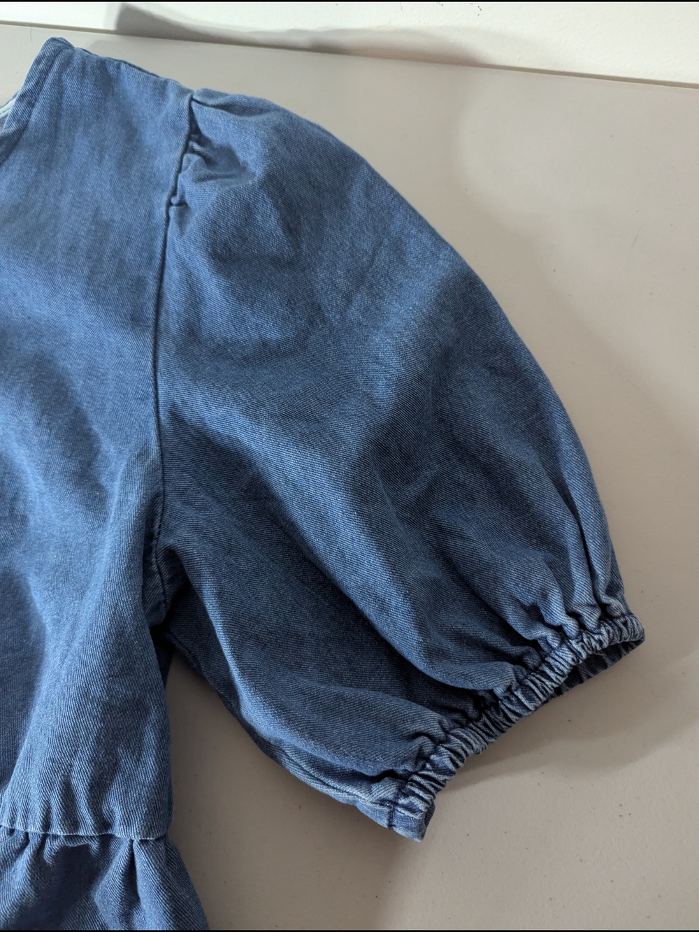 Denim Tie Front Peplum Blouse XXL Blue Puff Sleeve Babydoll Cottagecore Chambray - Picture 4 of 6